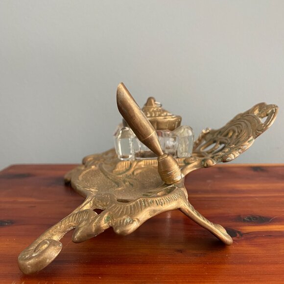 Vintage Brass Glass Inkwell Victorian Style Pen Holder - Picture 6 of 9